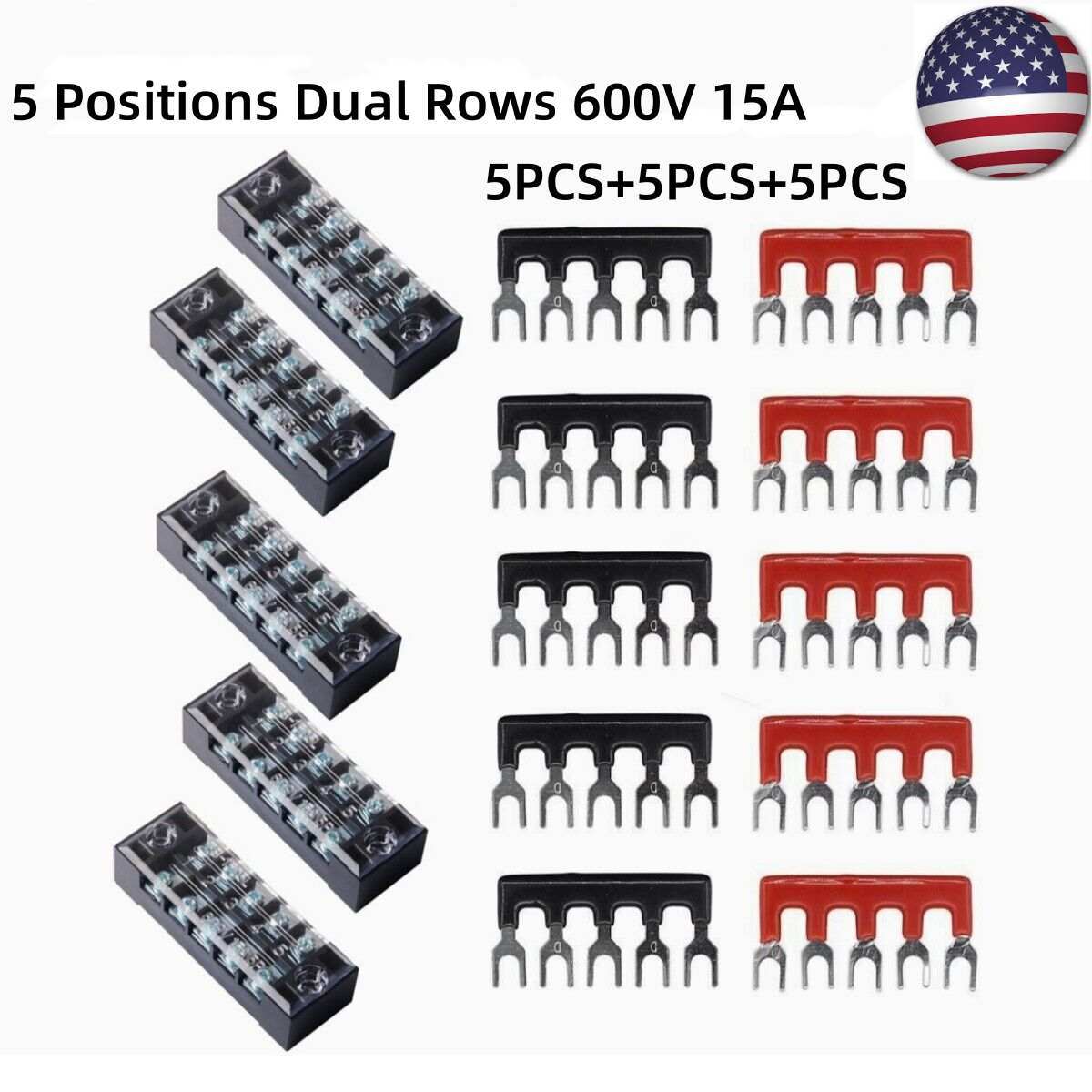 5 Set 5 Positions Dual Rows 600V 15A Wire Barrier Terminal Blocks Strip 5P USA