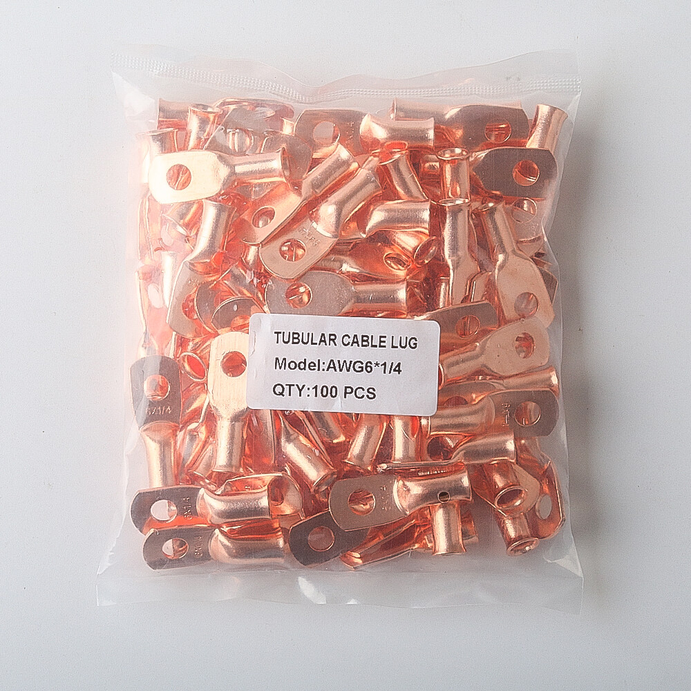 100PCS 6 Gauge Ring 1/4″ Hole Terminal Battery Lug Bare Copper Non-Insulated AWG