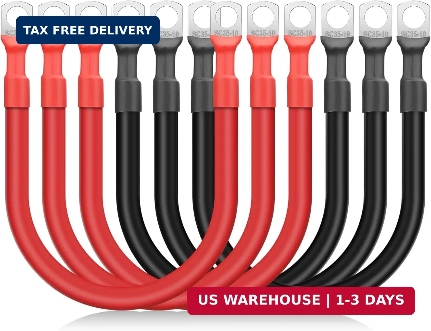 6PCS 2 AWG Battery Cables 12 Inch, 30CM 2 Gauge Pure Copper Heavy Duty Battery I