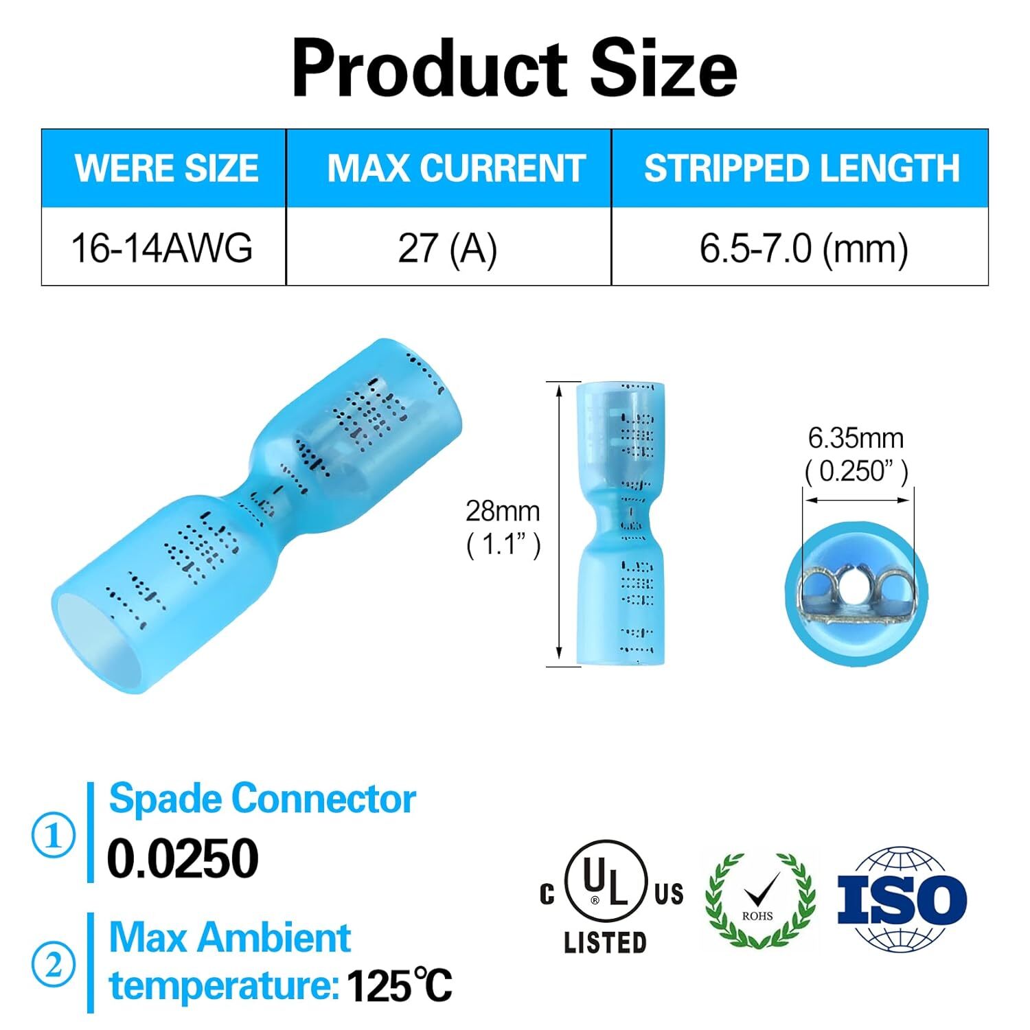 100-500X Spade Heat Shrink Wire Connectors 16-14 AWG Female Crimp Terminals Blue