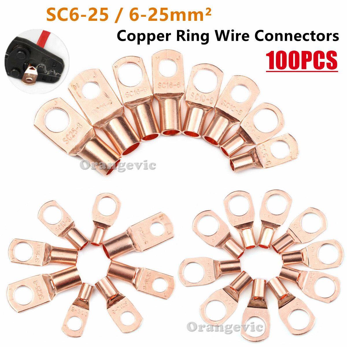 100Pcs Battery Cable Lugs Copper Ring Terminals Crimp Electrical Wire Connectors