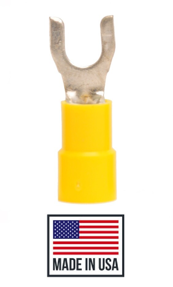 (100) Yellow Vinyl #8 10-12 AWG Ga Spade Fork Wire Connector Terminal Stud USA