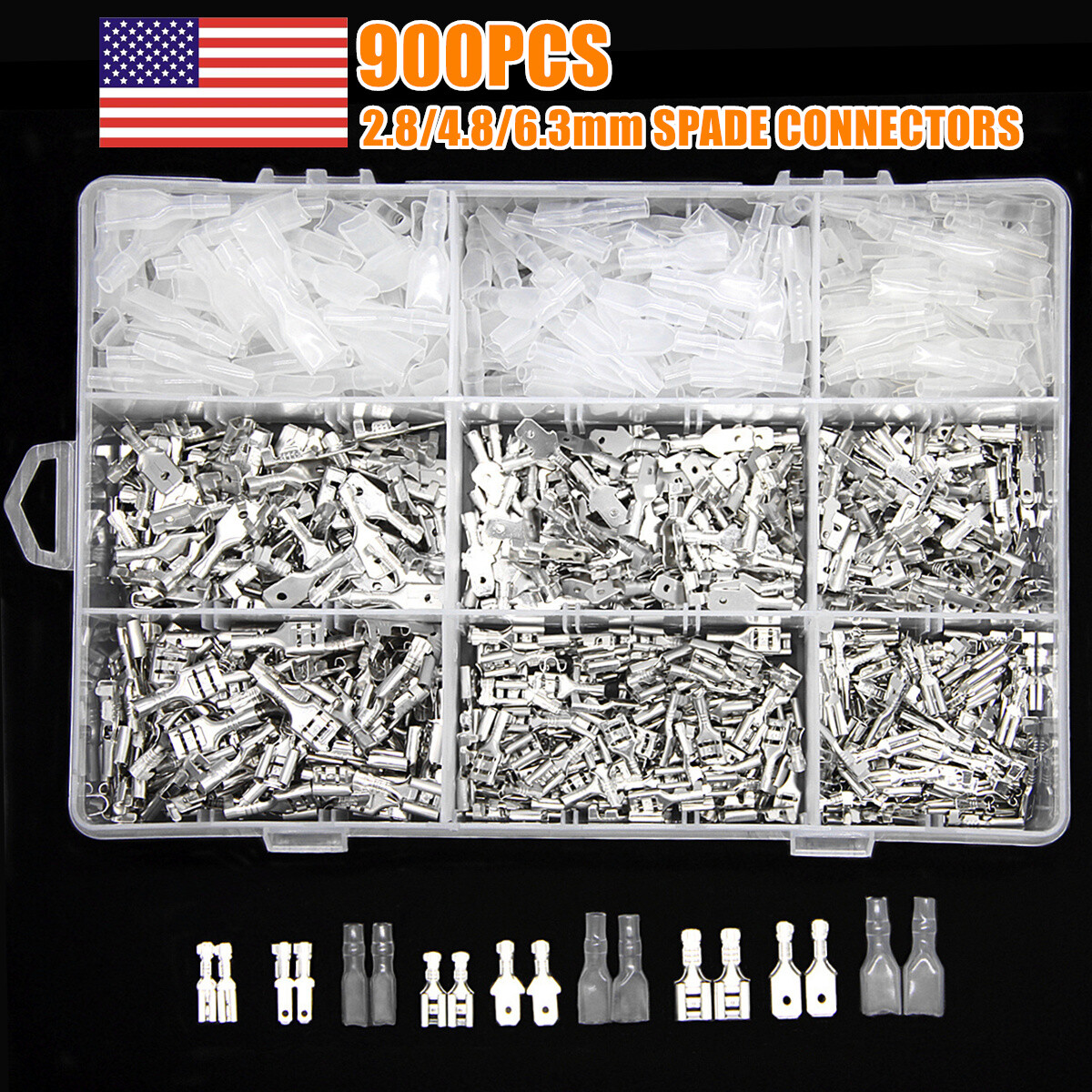 900X Assortment Terminals Kit Electrical Wire Crimp Connectors Male Female Spade