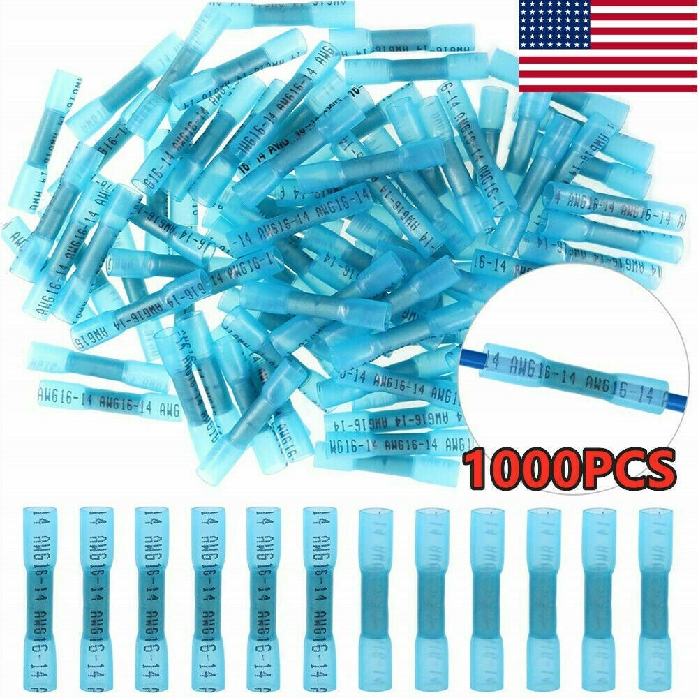 1000pcs Blue AWG Heat Shrink Butt Wire Connectors Crimp Terminals 14-16 Gauge US