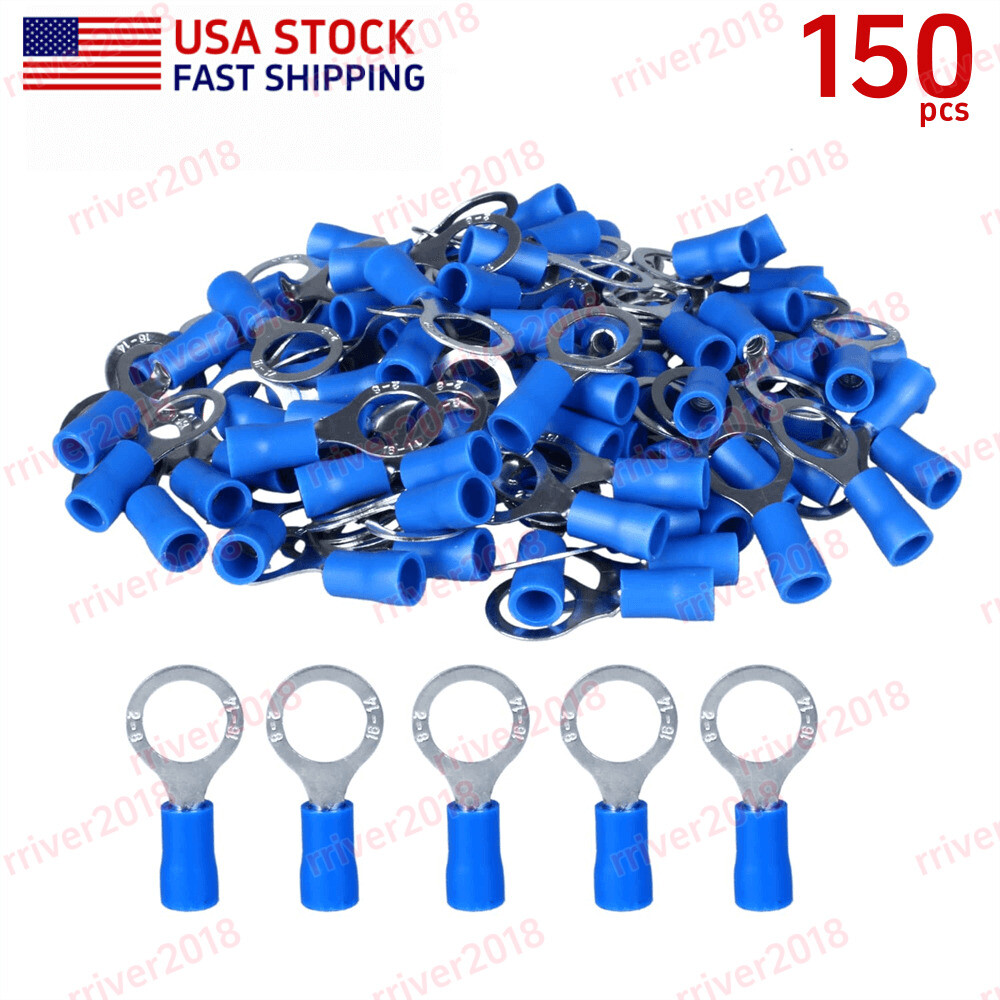 150pcs Blue Gauge 16-14AWG Wire Connectors Vinyl 5/16″ Stud Ring Terminals RV2-8