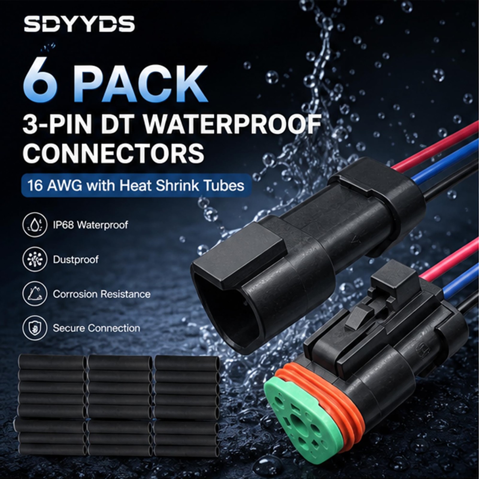 SDYYDS 6Pack 3Pin DT Waterproof Connectors 16 AWG with Heat Shrink Tubes Mal…