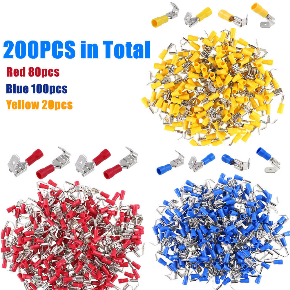 200PCS Red Blue Yellow Piggyback Insulated Spade Crimp Terminal Connectors