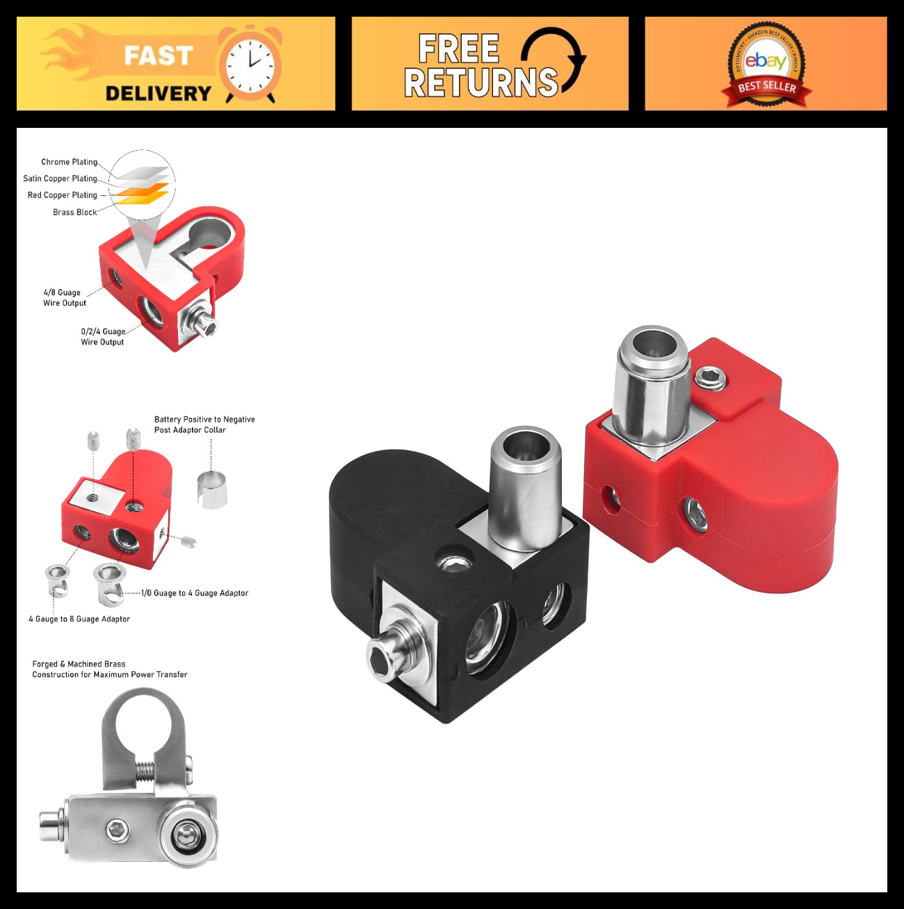 Solid Brass Battery Terminals with Adaptor Collars, 1/0-2/4 & 1/4-8 Gauge Output