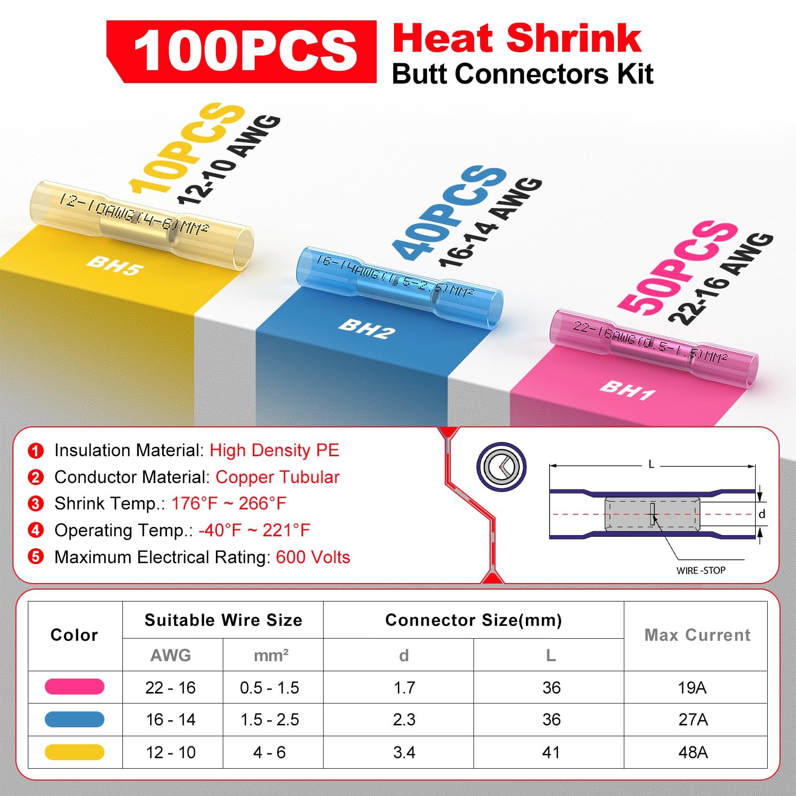 AIRIC Heat Shrink Butt Connectors Kit 22-10 AWG, 100 pcs Waterproof Crimp Spl…