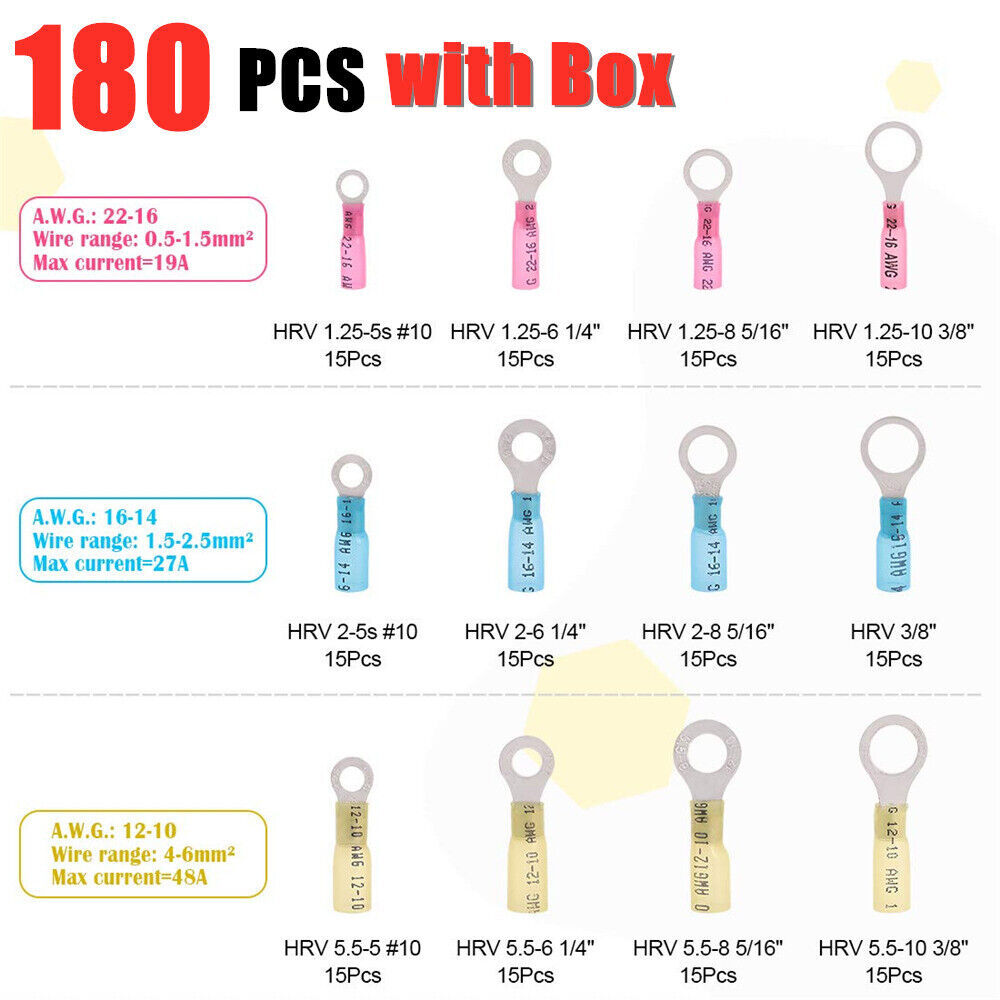 180Pcs Heat Shrink Wire Crimp Connectors Ring Terminals AWG 22-10 Waterproof