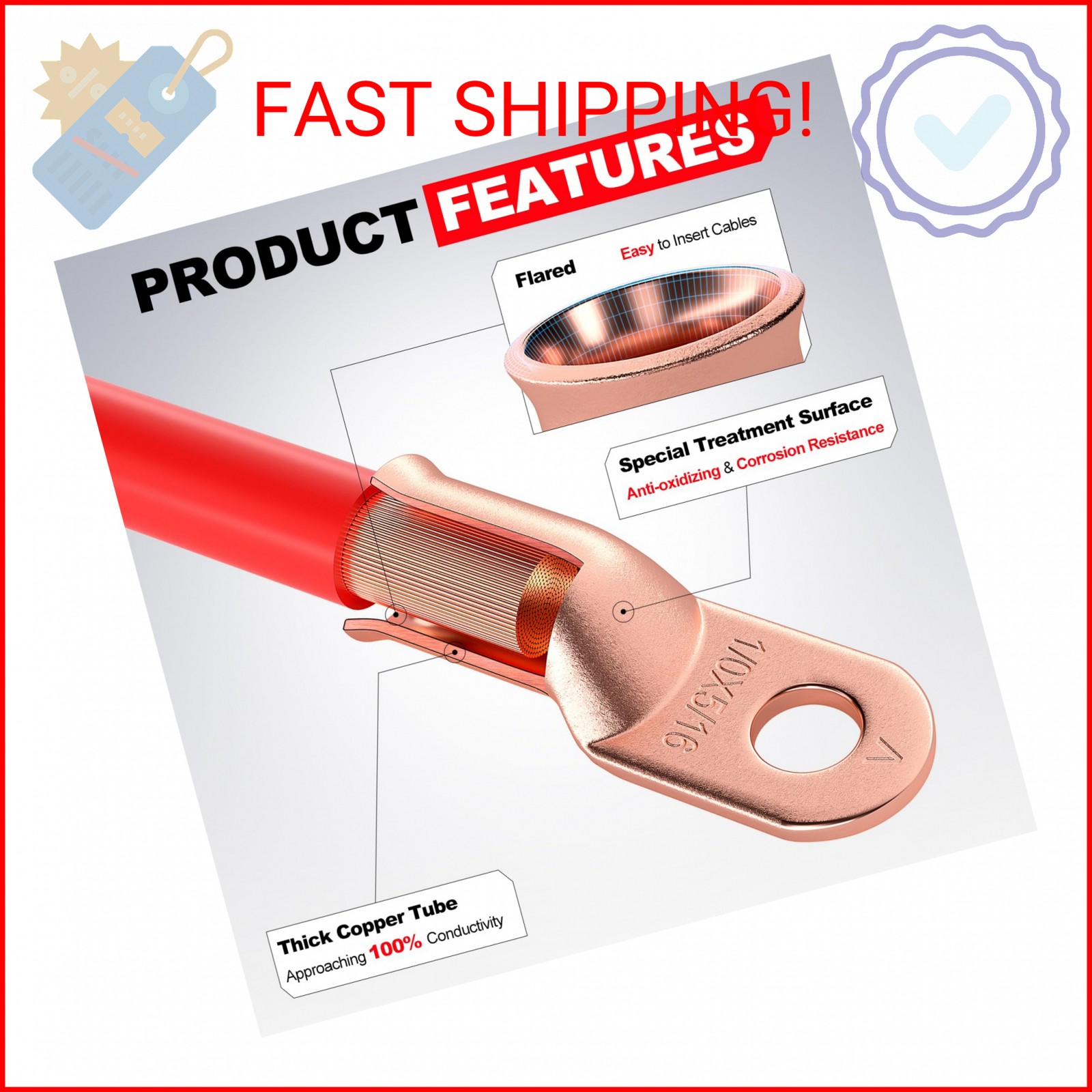 4 AWG/Gauge – 5/16″ Battery Cable Lug Copper Connector Wire Ring Terminal