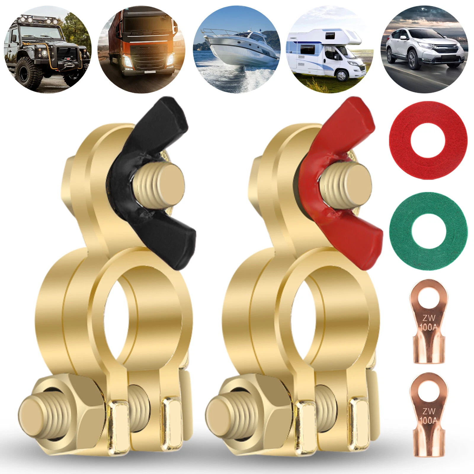 Brass Battery Terminal Positive & Negative Clamps Connectors For Marine Car Boat