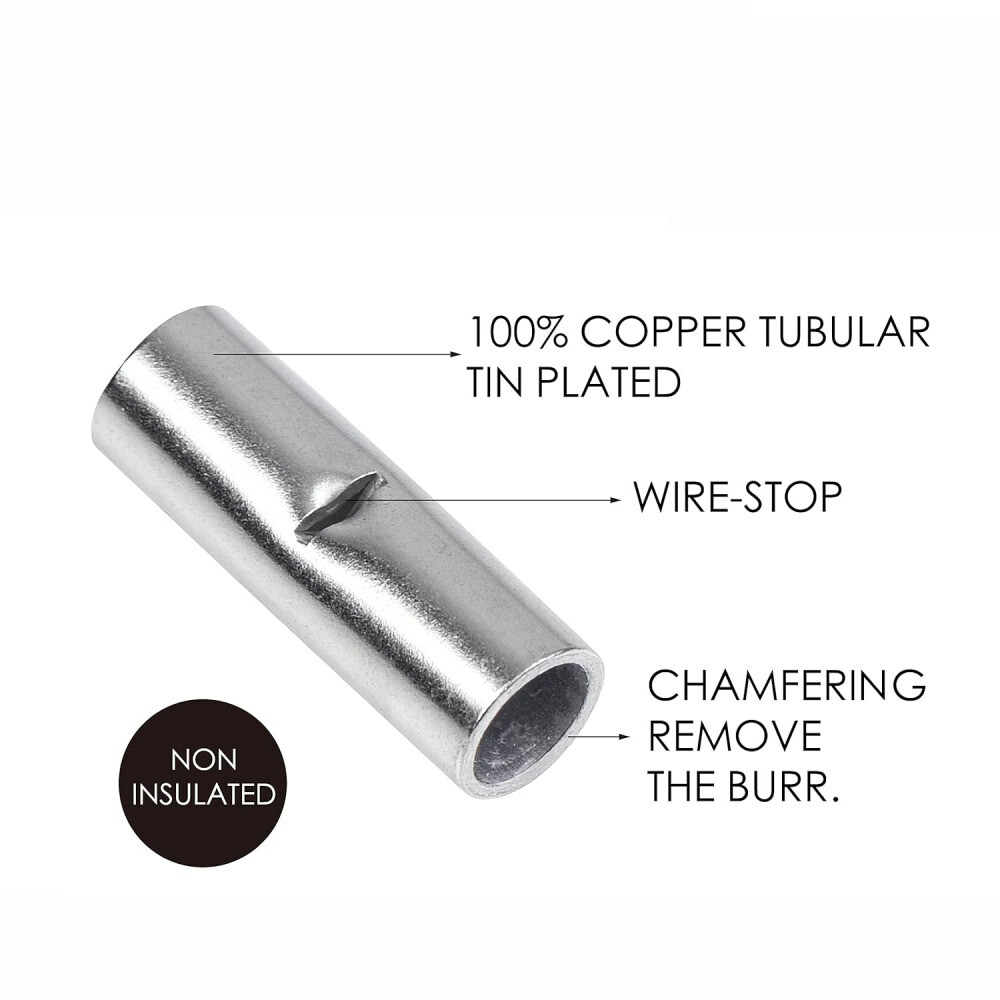 300PCS Tinned Copper 10-22AWG Non-Insulated Butt Connectors Splice Terminals
