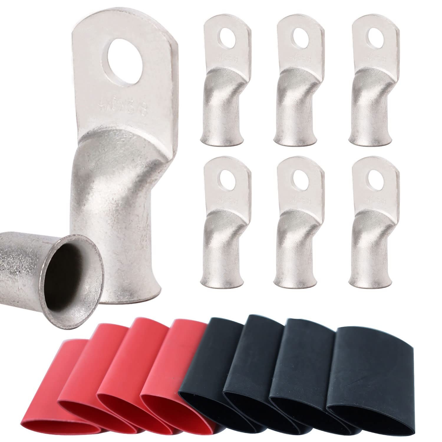 8Pcs 4/0 AWG 3/8 Ring Tinned Copper Battery Cable Lugs with Shrink Tubing for Ma