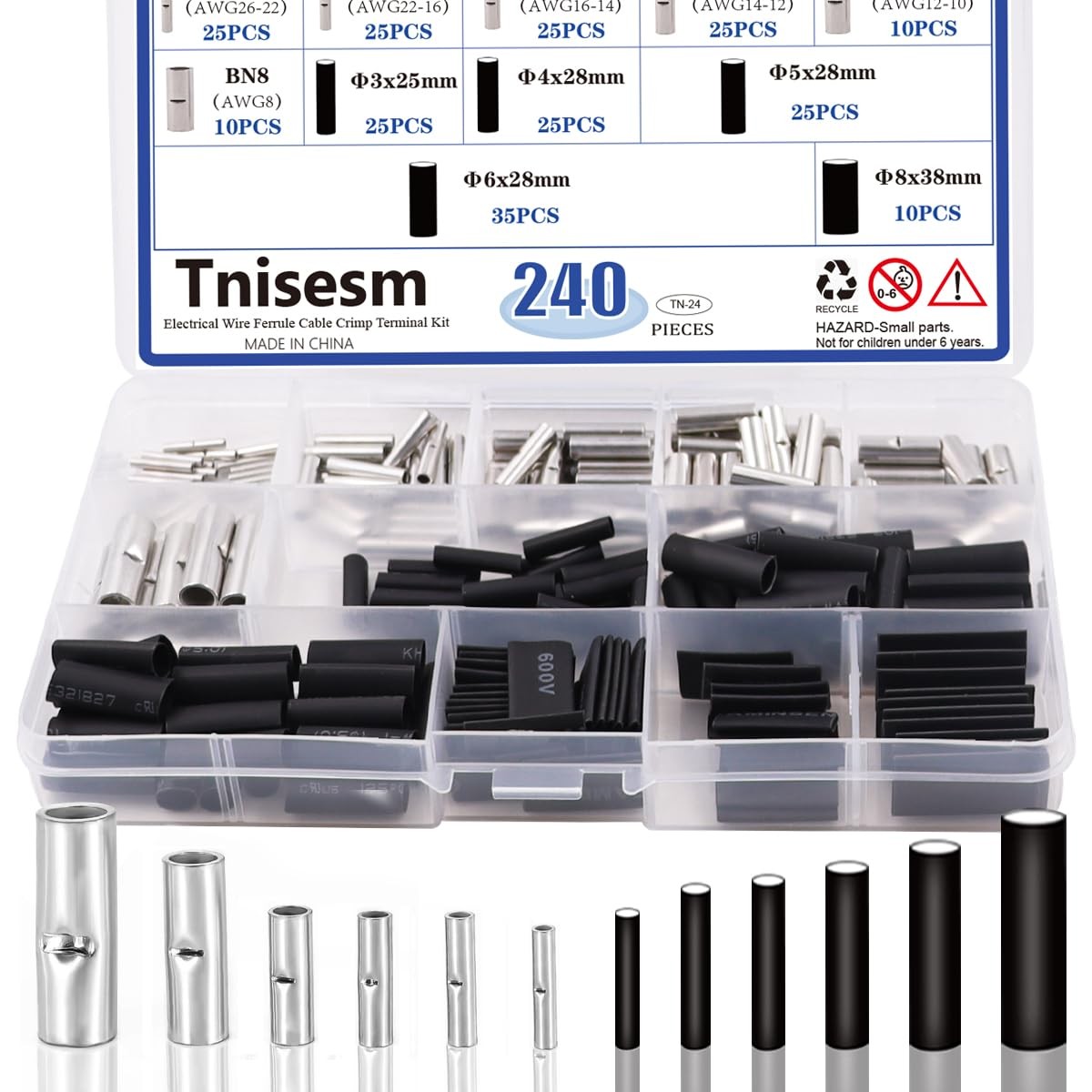 Tnisesm 240 Pcs Non-Insulated Butt Connectors Assortment Kit,Seamless Uninsul…