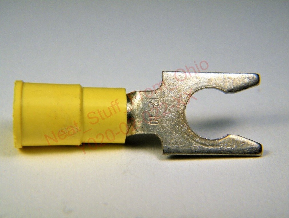 FORK TONGUE CRIMP CONNECTOR, 12-10 AWG, YELLOW, MEGA-SIZE FOR LARGE SCREW / POST