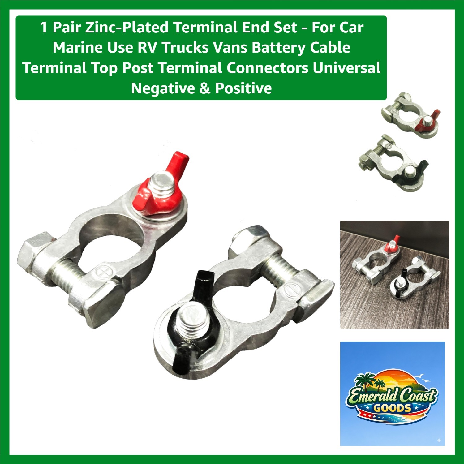 Zinc-Plated Battery Terminal Set for Marine and RV Use – 1 Positive + 1 Negative