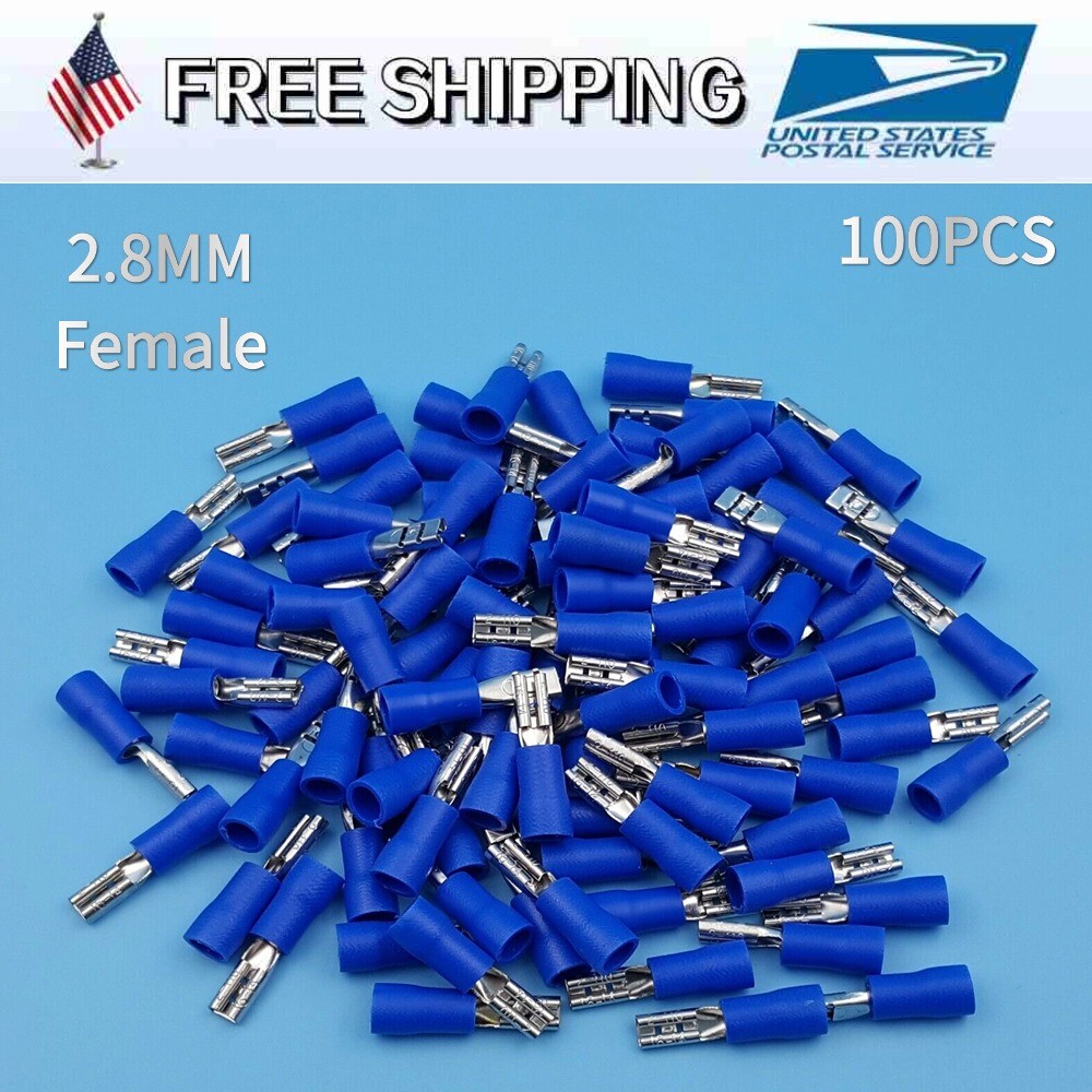 100Pcs Blue 2.8mm Female Spade 16-14 AWG Quick Disconnect Wire Crimp Terminals