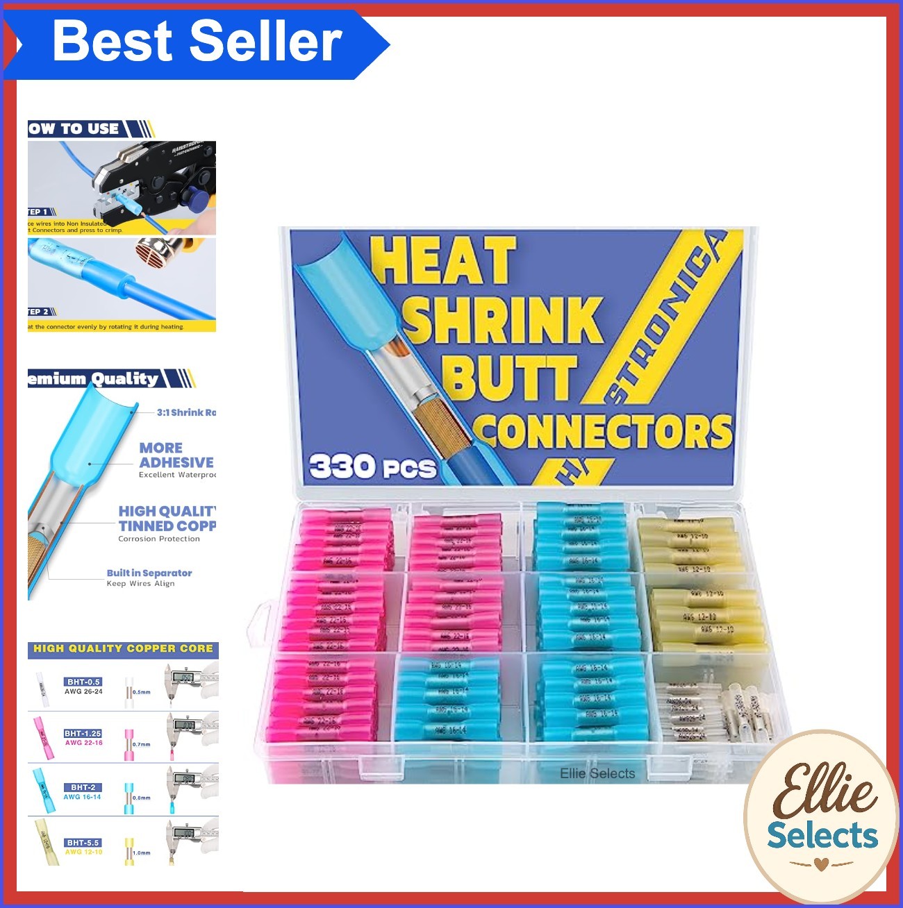 Heat Shrink Butt Connectors 330PCS 26-10 AWG Waterproof 3:1 Marine Automotive