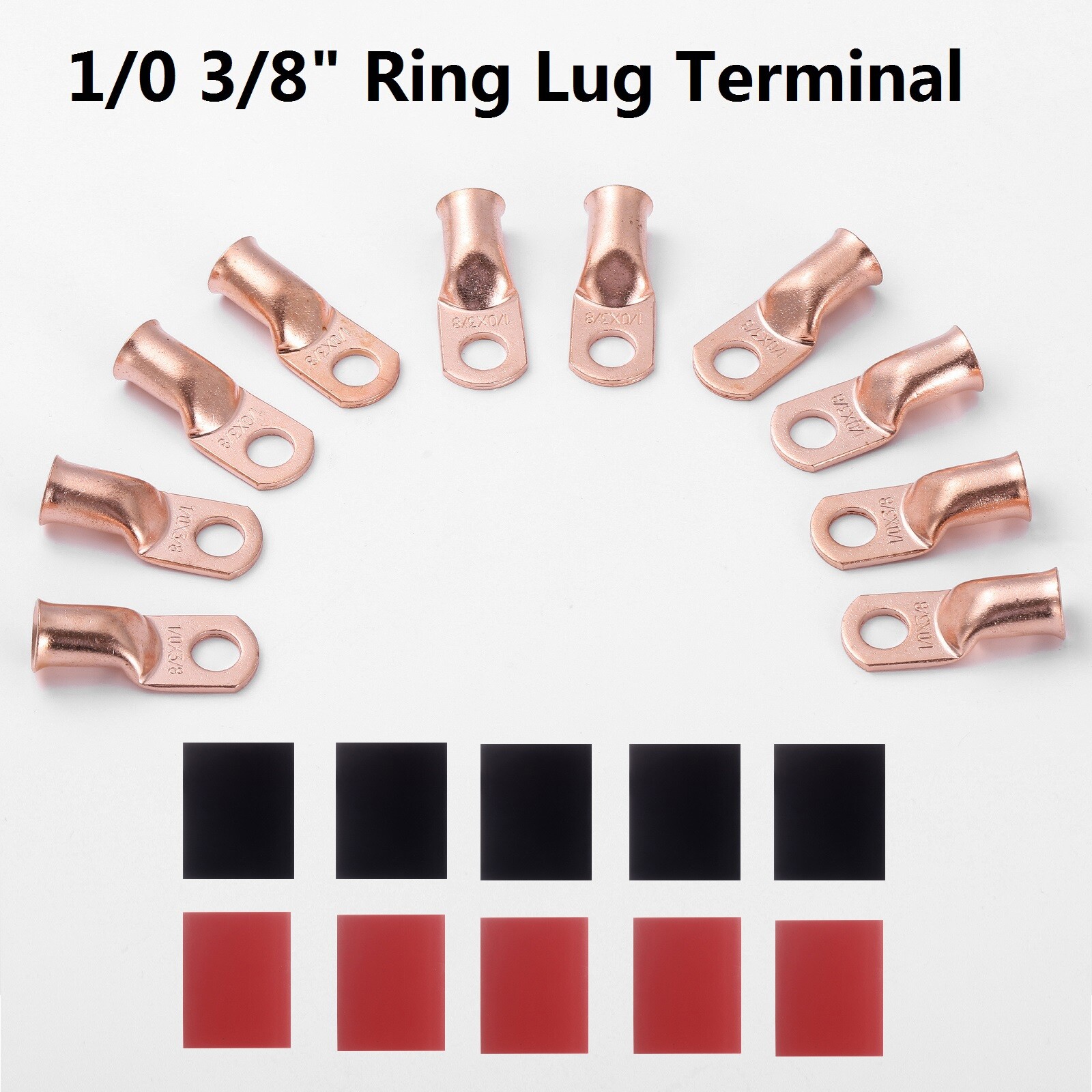 40X 1/0 AWG Gauge 3/8″ Copper Lugs w/RED & BLACK Heat Shrink Ring Terminals Wire