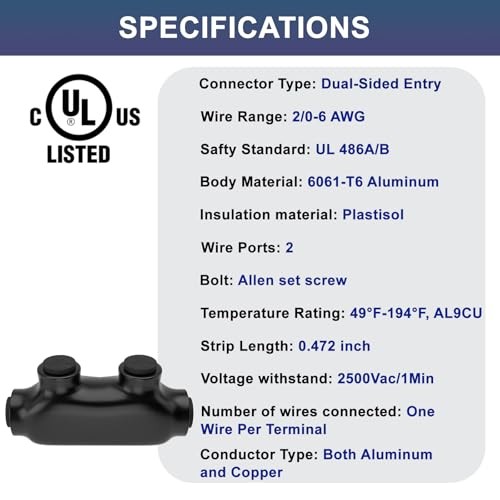 2 Port Insulated Wire Connectors Black Splice Connector Multi Cable 2/0-6 AWG