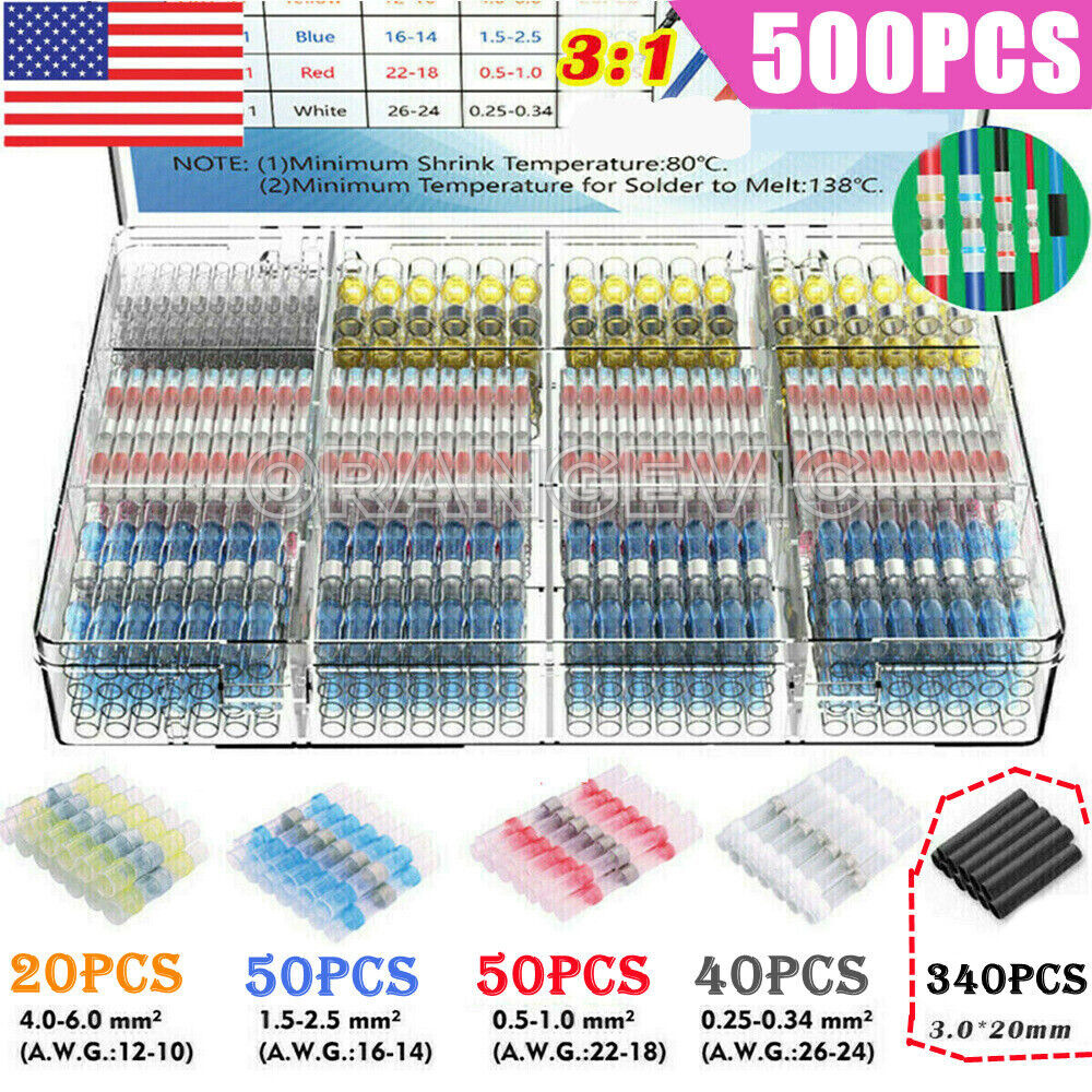 500PCS Waterproof Butt Terminals Solder Seal Sleeve Heat Shrink Wire Connectors
