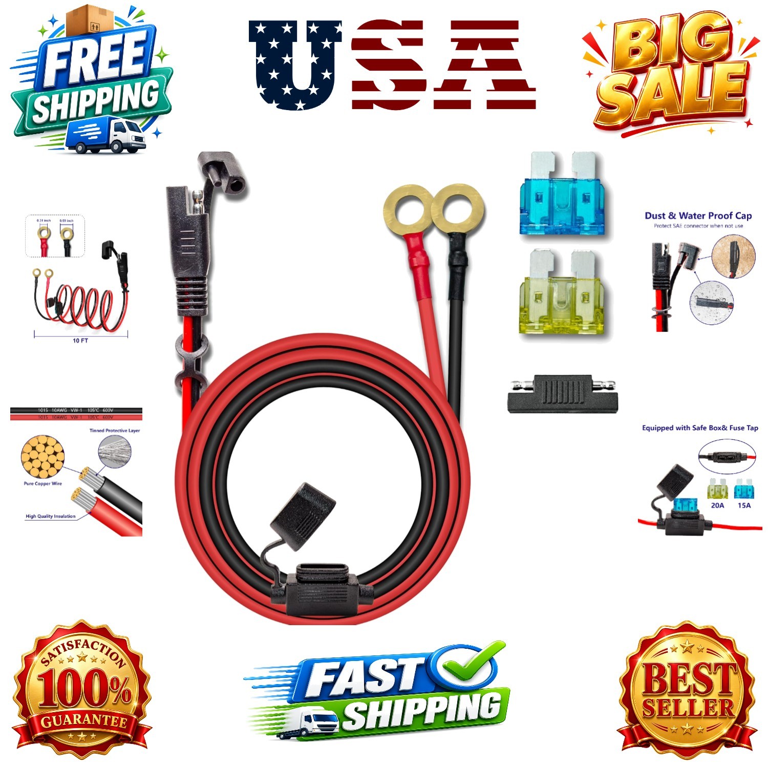 10AWG 10FT Charger Cable, SAE to O Ring Terminal Quick Disconnect Harness, 2 …