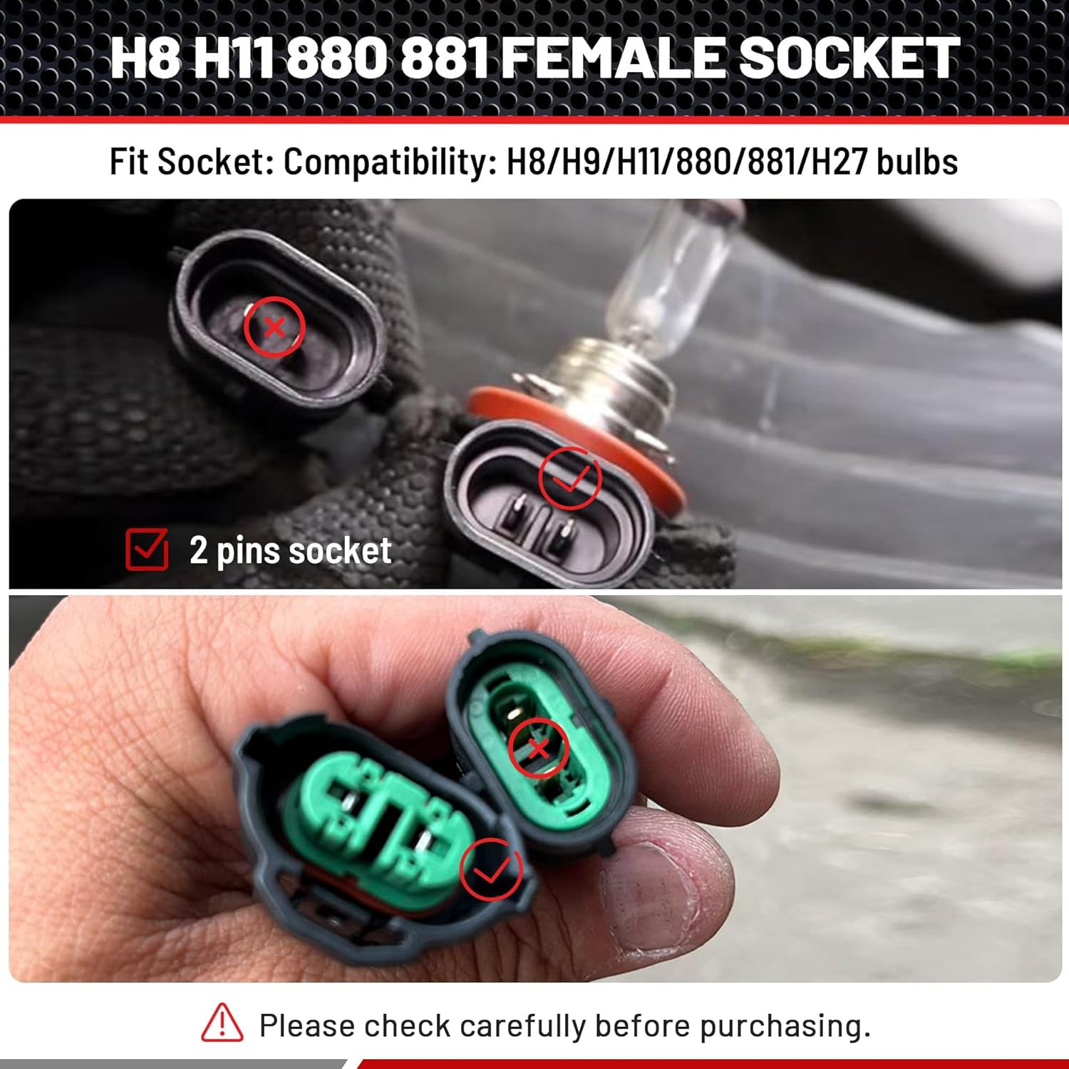 H8 H9 H11 880 881 Female Adapter Wire Connector Replace OEM Headlight Fog Light
