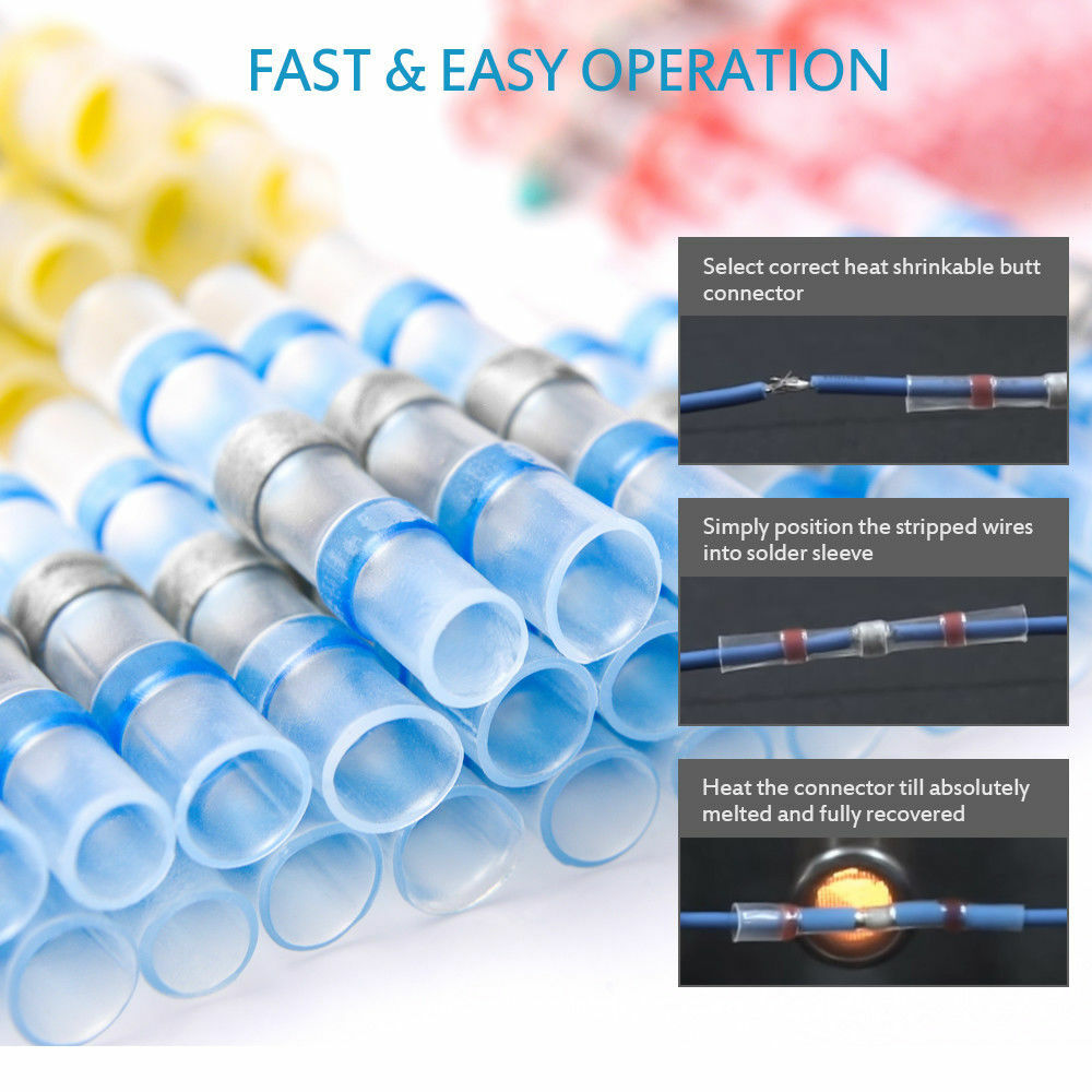 100PC 16-14Ga AWG Electrical Solder Seal Heat Shrink Butt Connectors Solder Blue
