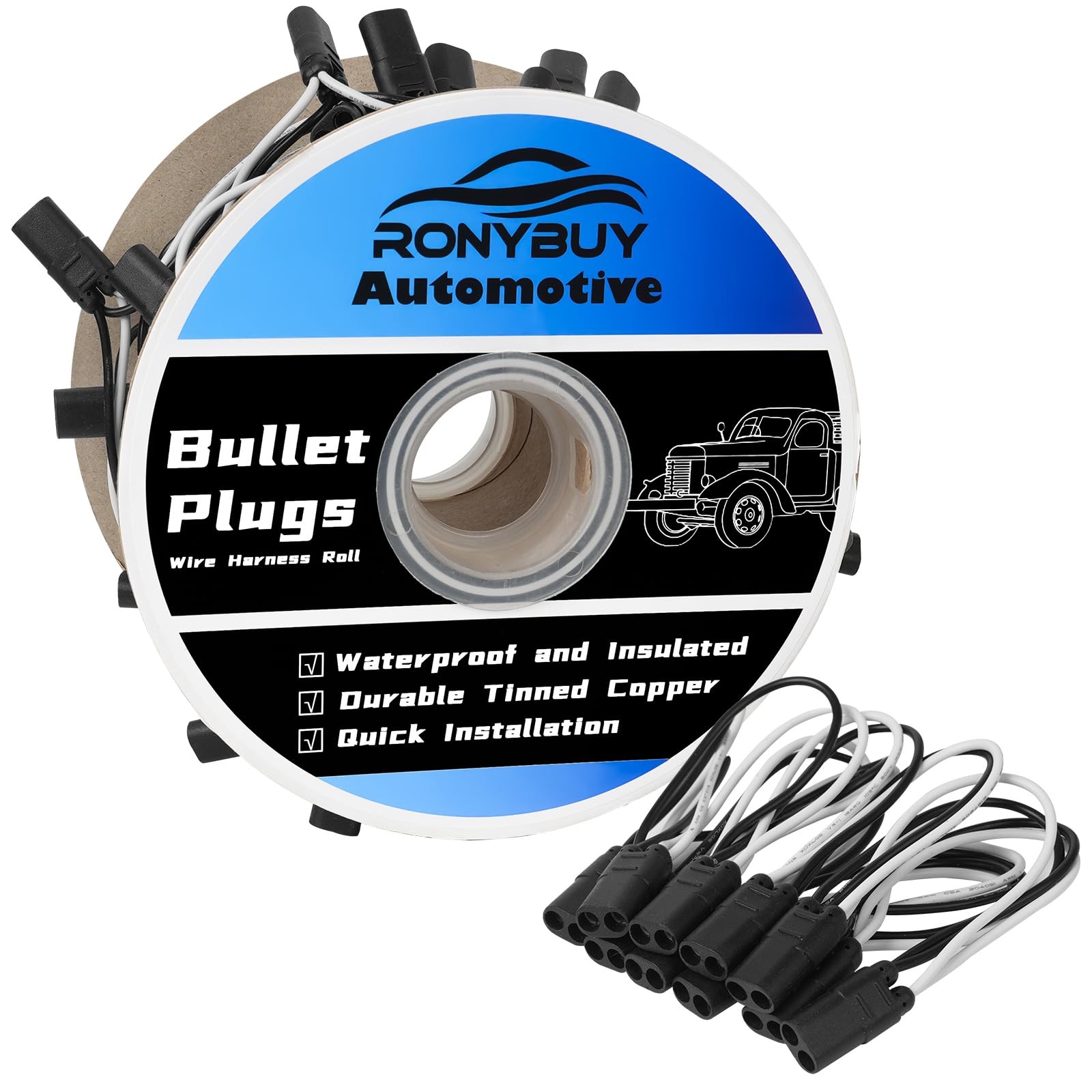 Ronybuy 50 Count 2-Prong Double Female Bullet Plug Wire Harness Roll, 2 Prong…