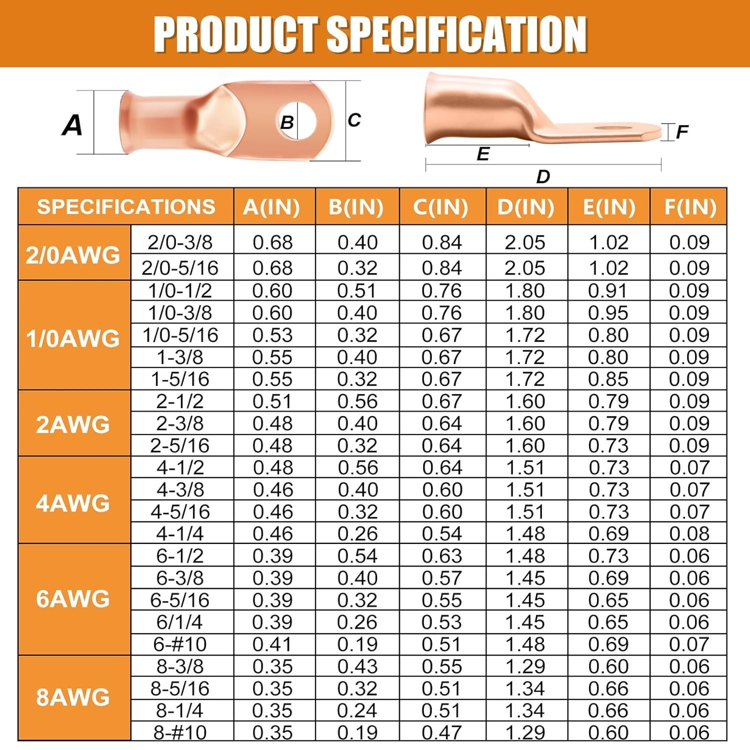 Copper Wire Lugs AWG 1 2 4 6 8 1/0 2/0 Gauge Battery Terminal Connectors Batt…