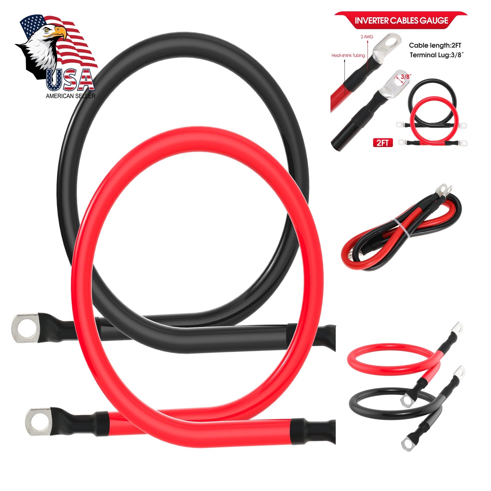 TUELETFU 2 AWG Battery Cable 2FT Black Copper Lugs
