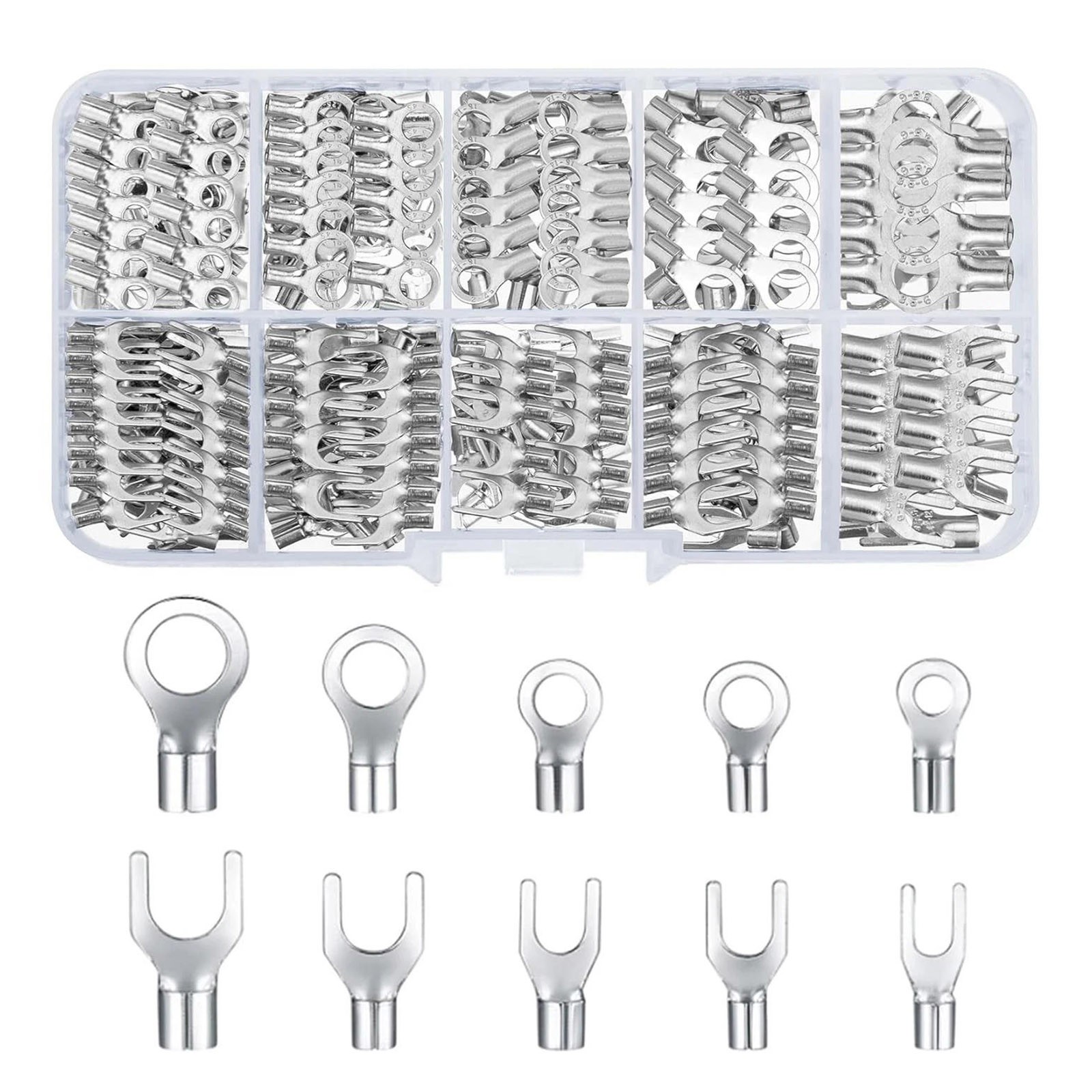 320Pcs Copper Non Insulated Ring Fork Cable Lugs 10 Sizes Crimp Terminal Set