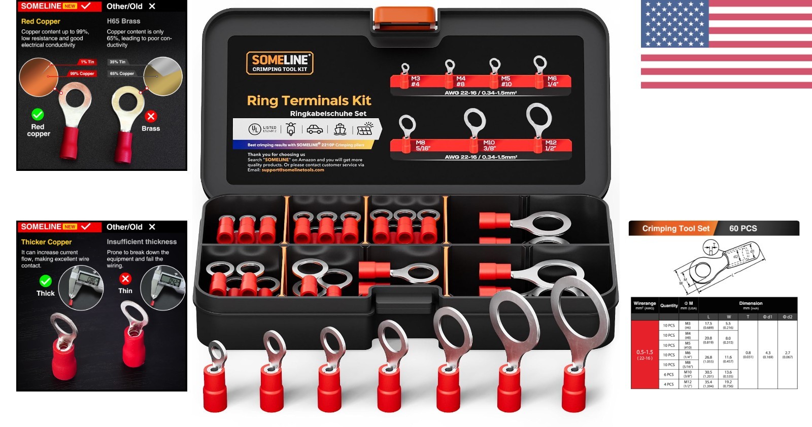 60PCS Listed PVC Ring Crimp Terminals – Insulated Tinned Copper Connectors