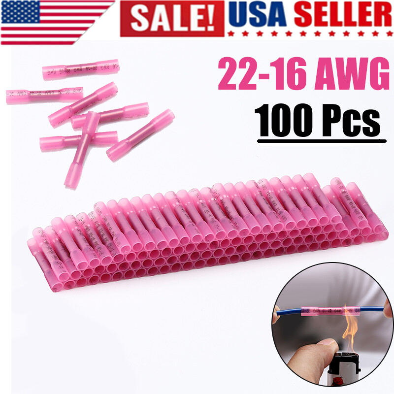 100Pcs 22-16AWG Red Heat Shrink Wire Butt Connectors Waterproof Splice Terminals