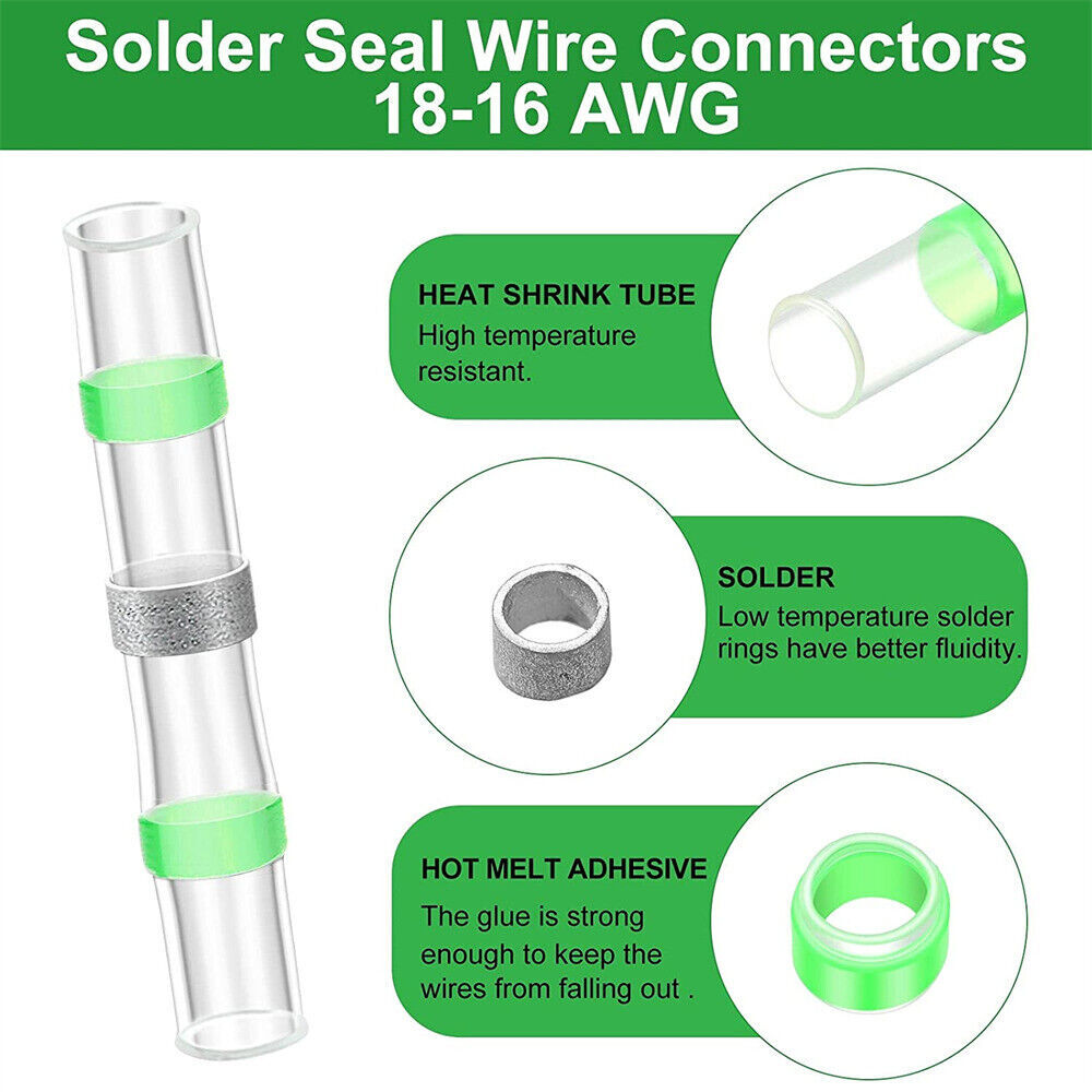 18-16AWG Green Solder Seal Sleeve Heat Shrink Butt Wire Connectors Terminals