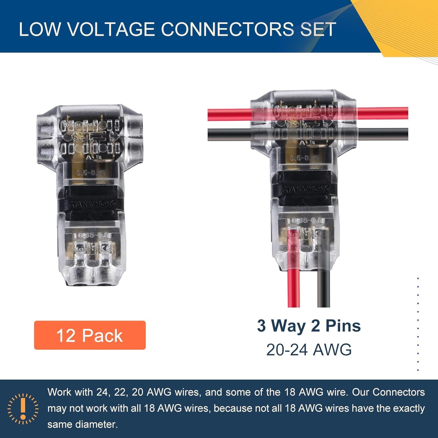 12pcs Low Volt Solid T Tap Wire Connectors 2 Pins Quick Splice 3 Way 24-20 AWG