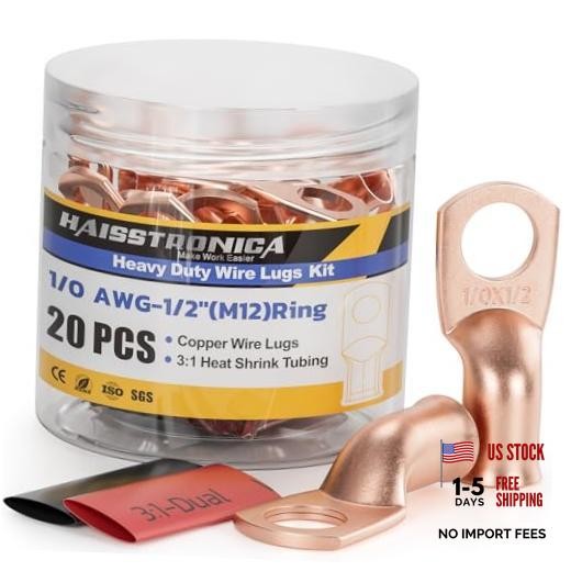 10pcs 1/0 AWG – 1/2″ (M12) Battery Cable 1/0 AWG- 1/2″(M12) Ring Bare Copper