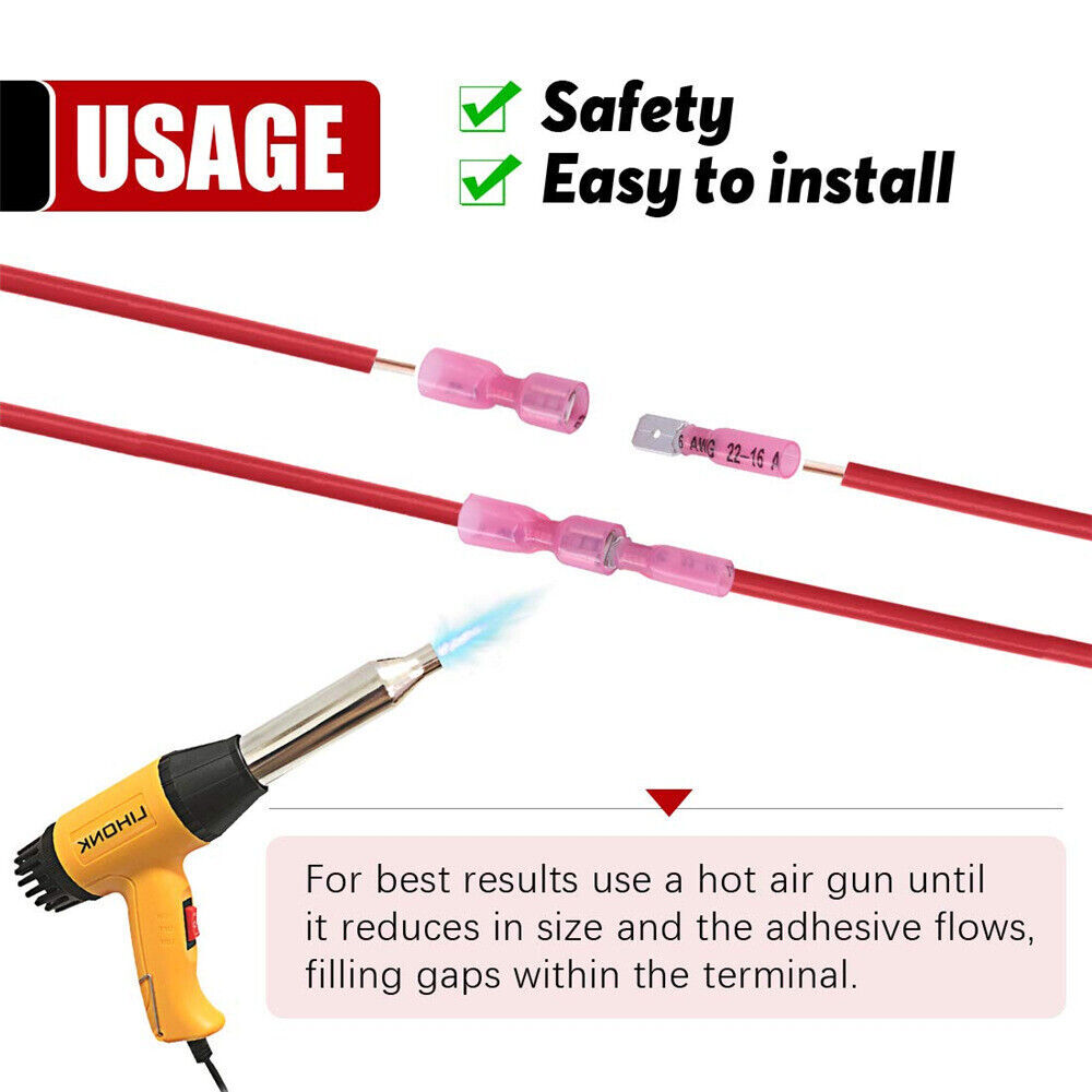 22-16AWG Red Heat Shrink Female & Male Crimp Wire Connector Spade Terminals 1/4″