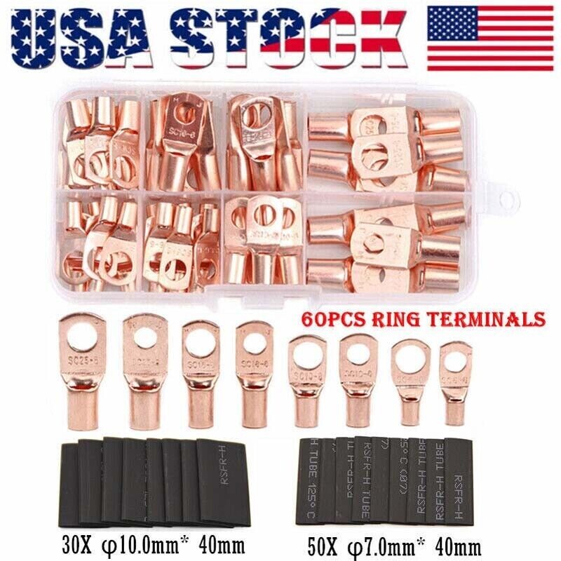 140PCS Copper Lugs Ring Terminals Bare Battery Welding Crimp Wire Connectors Kit
