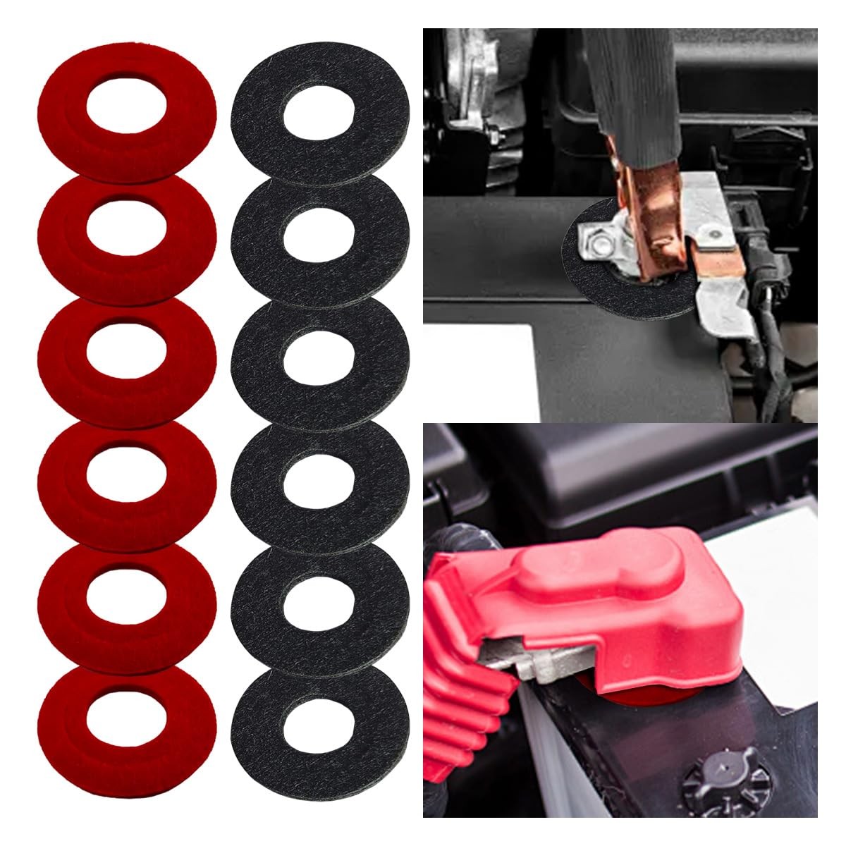 12 PCS Battery Terminal Washer Pad Anti Corrosion Fiber Top Side Red Black