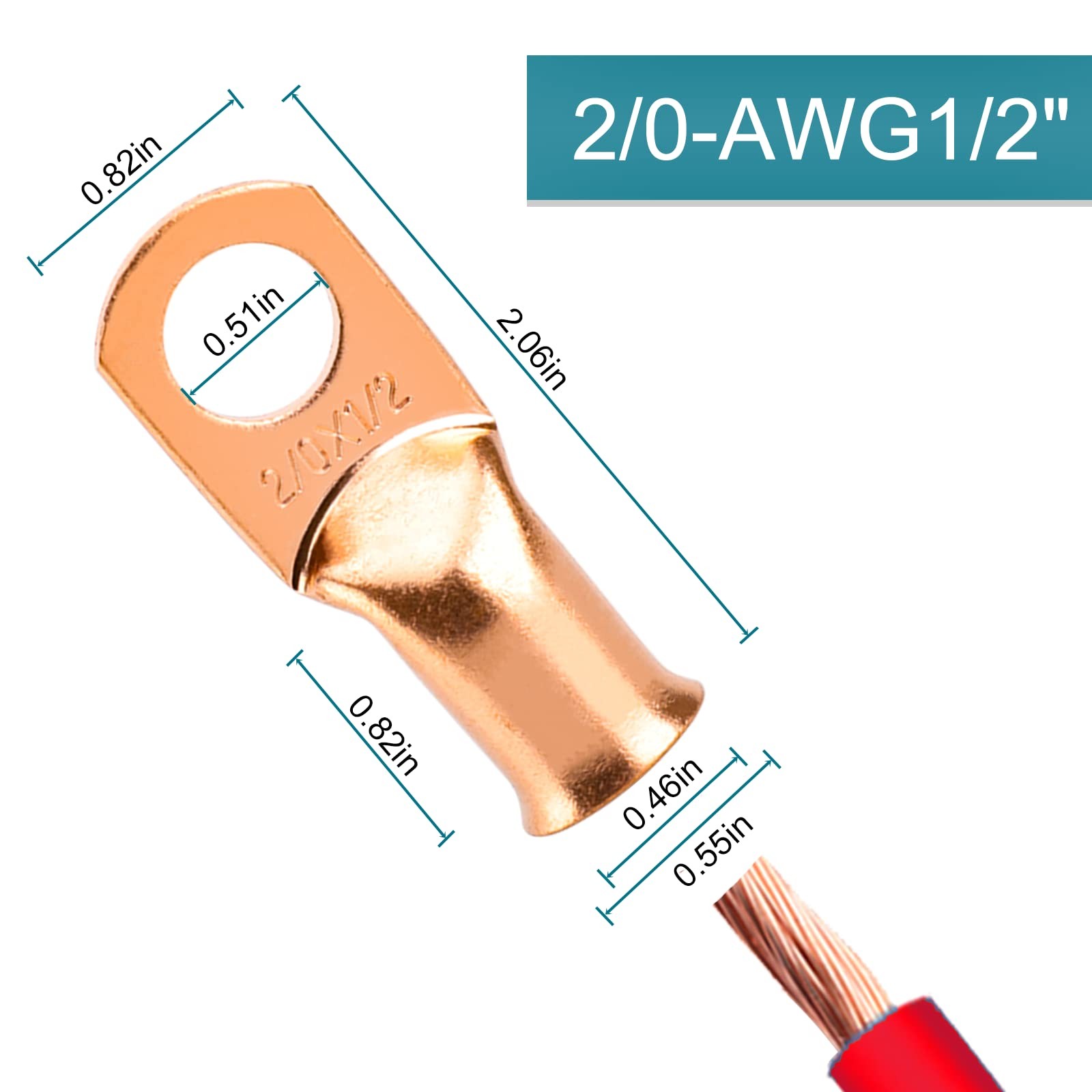 4 PCS Battery Terminal Connectors, 2/0AWG*1/2″(M12) 4PCS, Copper
