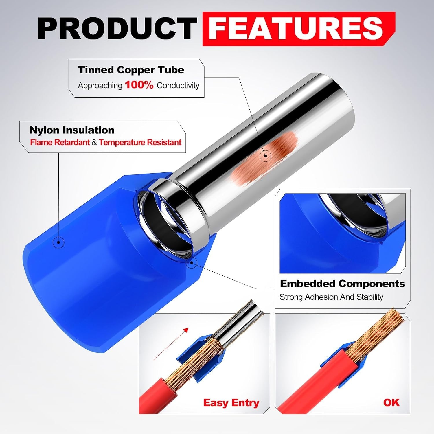 Versatile 10 AWG Wire Ferrule Connectors – Copper Crimp Terminals, 100 Pcs