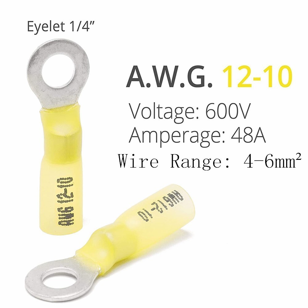 100Pcs Heat Shrink Ring Terminals Wire Connector Yellow 12-10 AWG Gauge 1/4 Hole