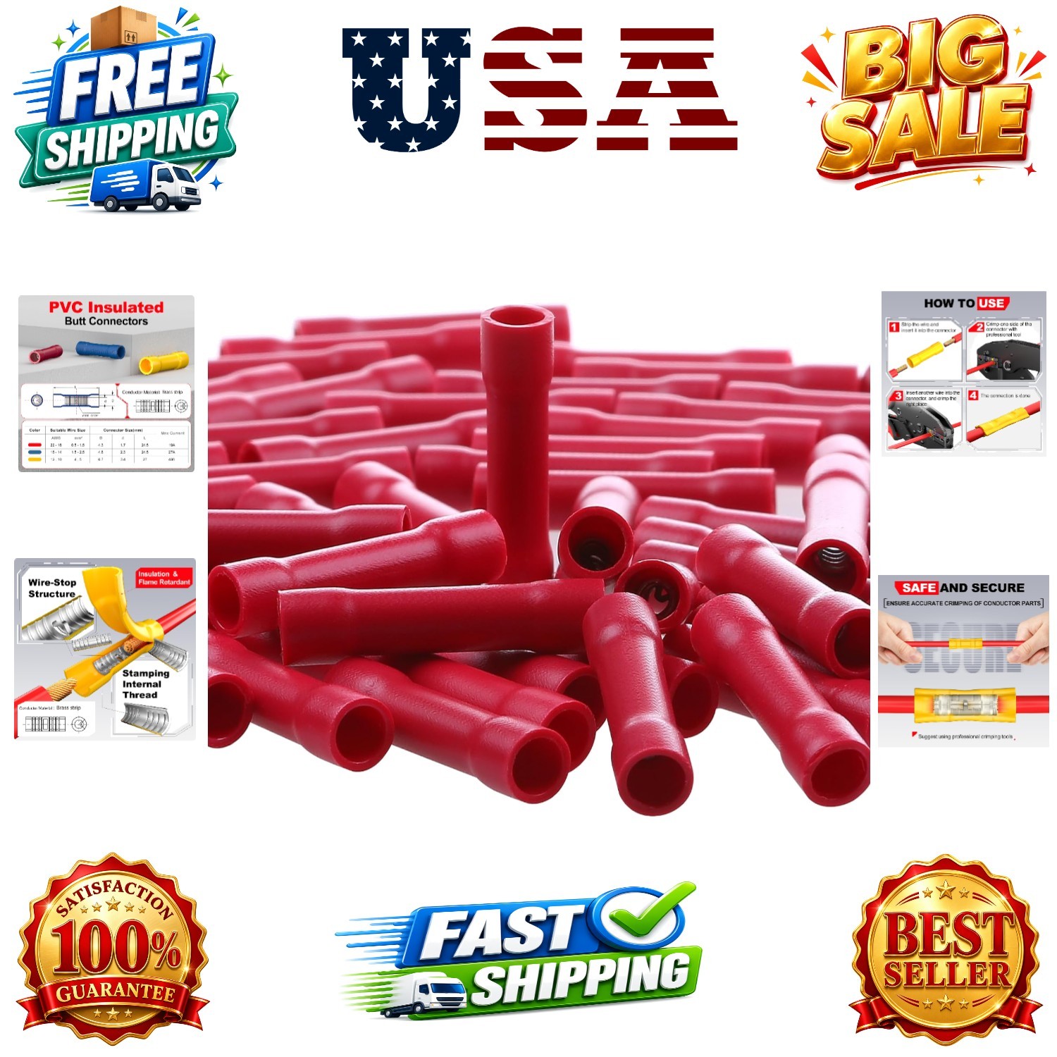 22,20,18,16 AWG/Gauge Red Butt Connectors Wire Crimp Splice Terminals | ,100 Pcs