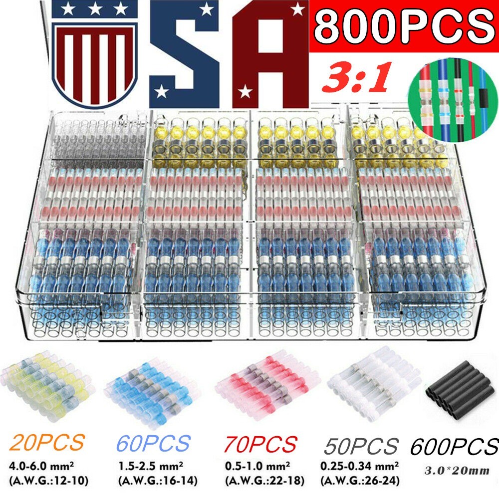 800PCS Waterproof Solder Seal Heat Shrink Wire Butt Terminal Connectors Set Kit