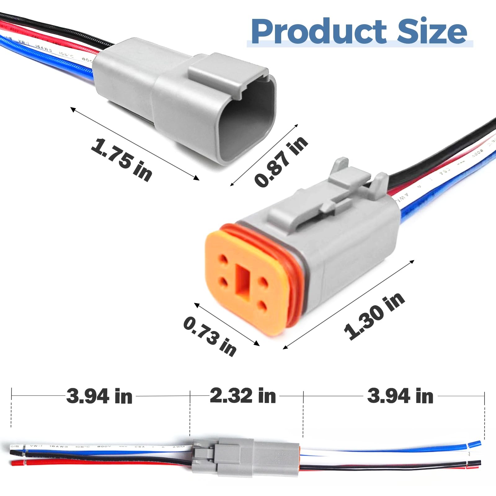 2 Kit Deutsch DT 4 pin Grey Male Female Wiring Harness, 16 AWG