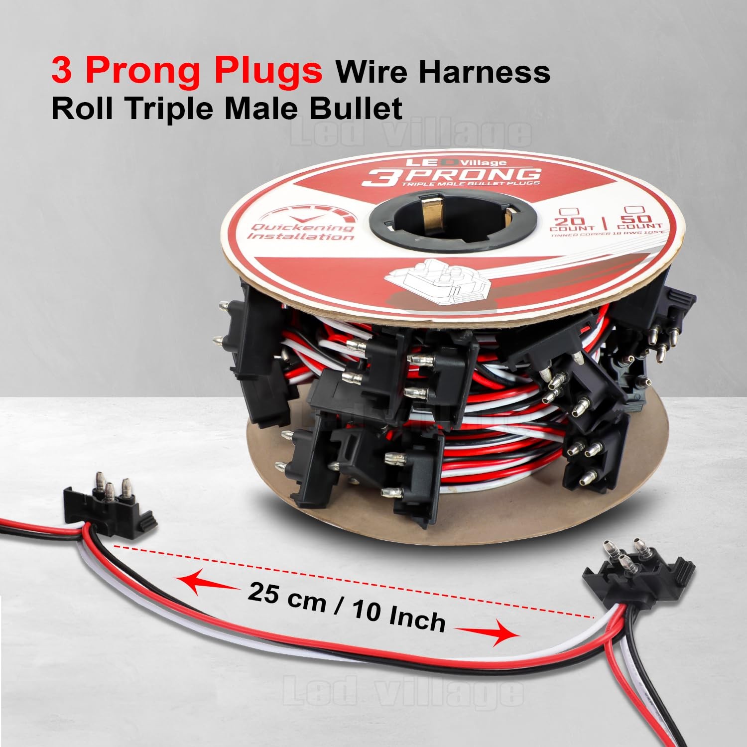 20 Count Continuous 3 Prong Plug Wire Harness Roll, Triple Male Bullet, Right…