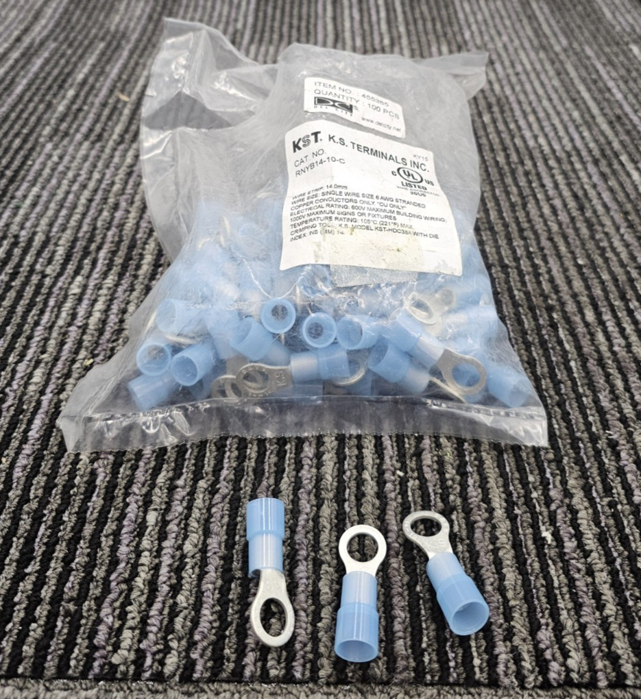 (QTY 100) KS Terminals RNYB14-10-C Insulated Ring Terminal 3/8″ Stud, Blue, 6 GA