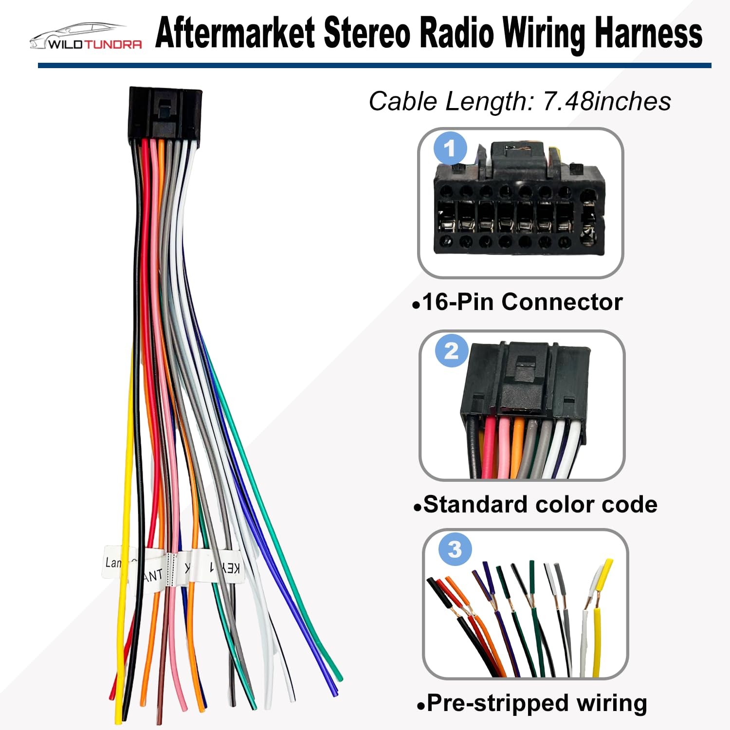 Radio Wiring Harness Kit for Android Car Stereo 16Pin ISO Wire Black